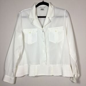 Pretty white semi sheer blouse long sleeve front pockets elasticated waist sz 10